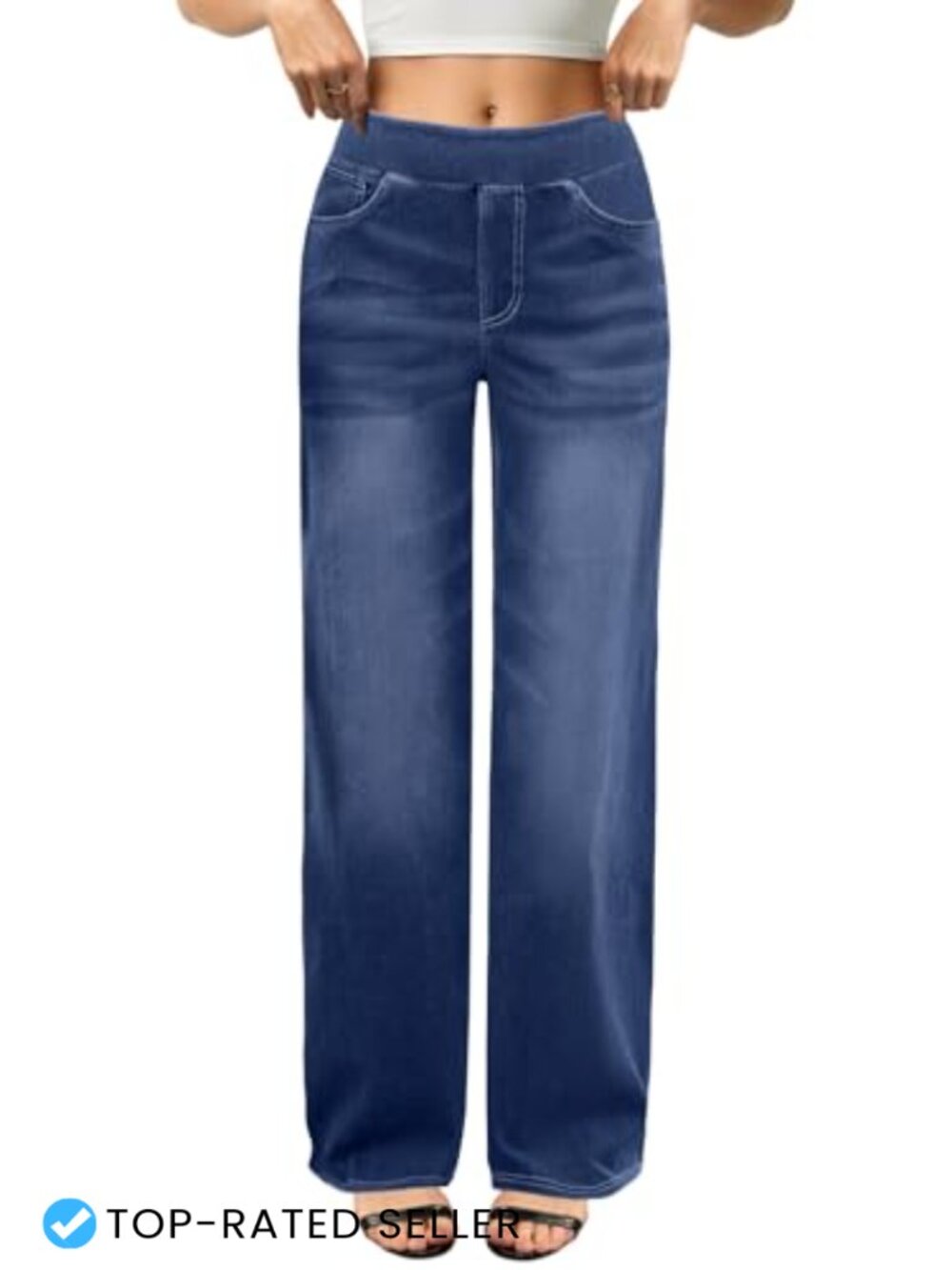 Wide Leg High Waisted Stretchy Pull On Jeans with Pockets